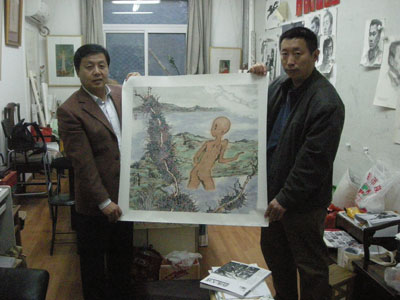 当代画家汪港清(右一)向沐鸣娱乐艺术杨总(左一)赠画